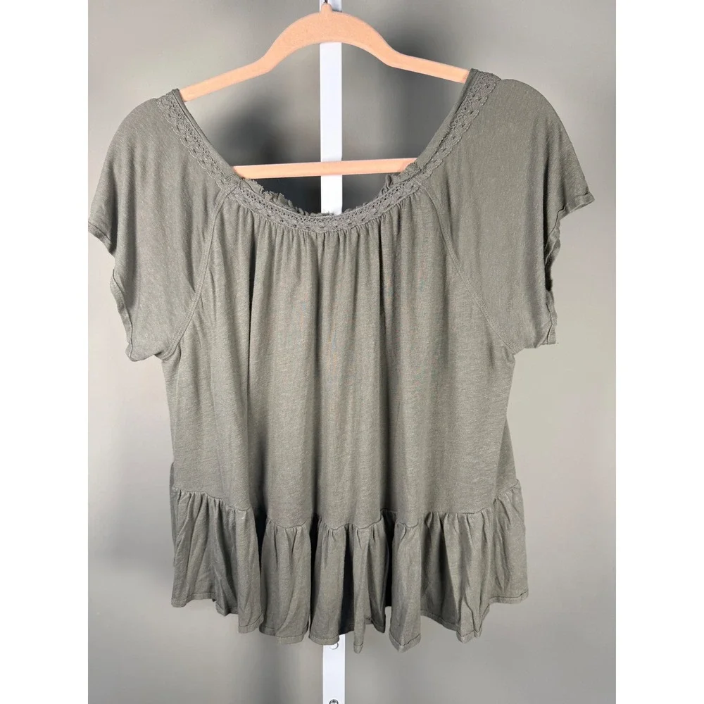 Free People Ruffle Henley Peplum Top Boho Cottagecore Linen Blend Size S